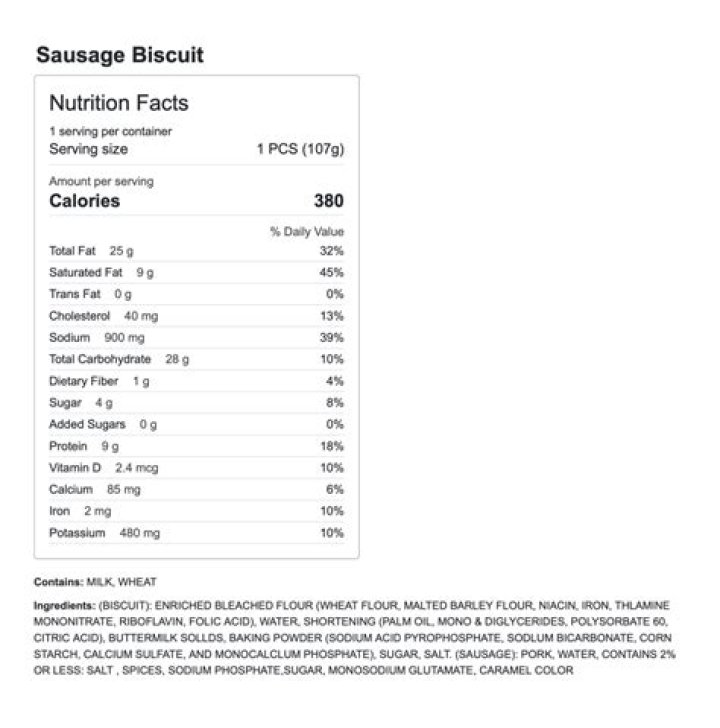 18 Mcdonald'S Sausage Biscuit Nutrition Facts